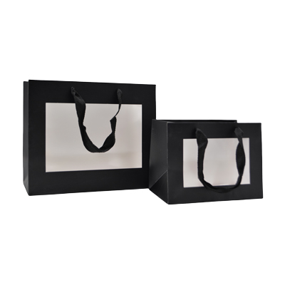 Sacs pelliculés noirs mat à fenêtre et poignées cotonnette – 18 x 11 x 13,5 cm - Paquet de 20 - Sacs pelliculés poignées cordelette-2