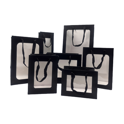 Sacs pelliculés noirs mats à fenêtre et poignées coton – 12 x 9 x 36 cm – Paquet de 20 - Sacs pelliculés poignées cordelette-1