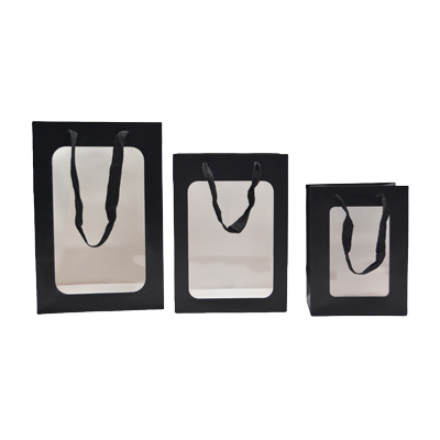 Sacs pelliculés noirs mats à fenêtre et poignées coton – 20 x 16 x 30 cm - Paquet de 20 - Sacs pelliculés poignées cordelette-1