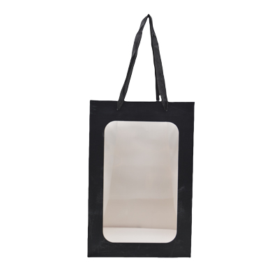 Sacs pelliculés noirs mats à fenêtre et poignées coton – 25 x 20 x 43 cm – Paquet de 20 - Sacs pelliculés poignées cordelette