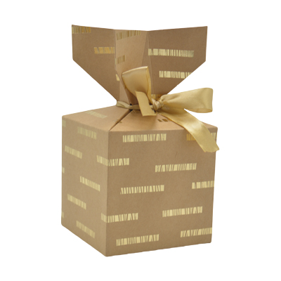 Boîte cadeau pliable kraft avec noeud intégré à rayures or parsemées 10x10x10 cm - Boite cadeau origami - Lot de 20 - Boites cadeaux carton pliables