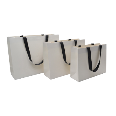 Sacs pelliculés blancs à poignées ruban noires – 32 x 11 x 25 cm – Paquet de 10 - Sacs pelliculés unis, poignées ruban-1