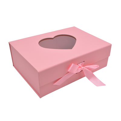 Boites cadeaux carton roses avec fenêtre cœur et ruban 28,2x20,2x9,2cm – Paquet de 5 - Boites cadeaux carton pliables
