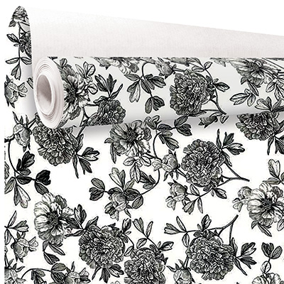 Papier cadeau fleurs dessinées noir & blanc 70 cm x 50 m 80 g/m² – Le rouleau - Papier cadeaux couchés à motifs-1