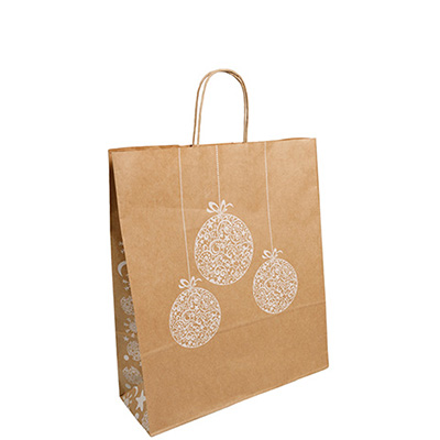 Sac kraft poignées torsadées Natale brun motif blanc 19 x 8 x 21,5 cm - Paquet de 50 - Sacs kraft à motifs