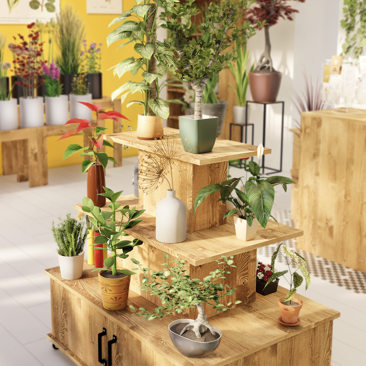 Présentoir central à roulettes 3 niveaux bois massif 119 x 79 x 110 cm - Podium de présentation mobile - Podiums-2