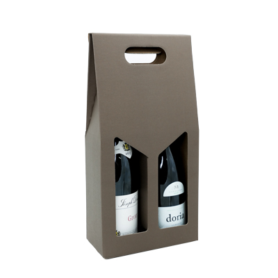 Coffret bouteille de vin avec poignée et fenêtre - 2 bouteilles - marron - 18 x 9 x 38 cm - Paquet de 20 - Coffrets pour bouteilles de vin, Boîtes pour bouteilles de vin-1
