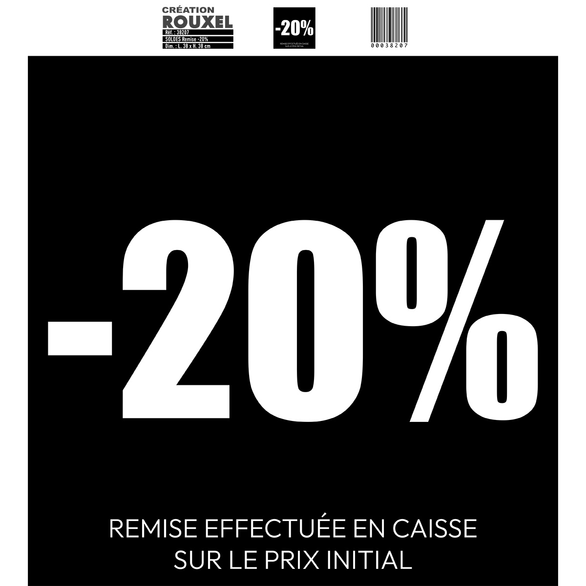 Affiche promo carrée -20% noir/blanc 38 x 38 cm - Affiche Soldes - Affiches Prix et Pourcentages