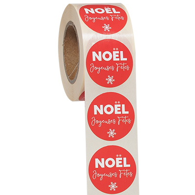 Étiquettes cadeaux adhésives rondes Noël Joyeuses Fêtes rouge/blanc ø35 mm – Paquet de 500 - Étiquettes cadeaux adhésives-1