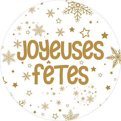Étiquettes cadeaux adhésives rondes Joyeuses Fêtes flocon or/blanc ø65 mm – Paquet de 200 - Étiquettes cadeaux adhésives
