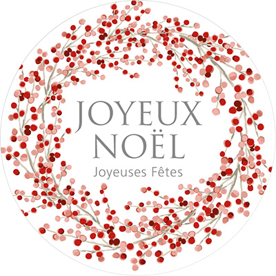 Étiquettes cadeaux adhésives rondes Joyeux Noël couronne fleur rouge/rose ø65 mm – Paquet de 200 - Étiquettes cadeaux adhésives
