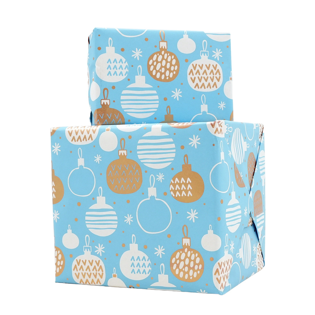 Papier cadeau kraft blanc boules de Noël bleu/or 70 cm x 25 m 60 g/m² – le rouleau - Papiers cadeaux kraft à motifs-2