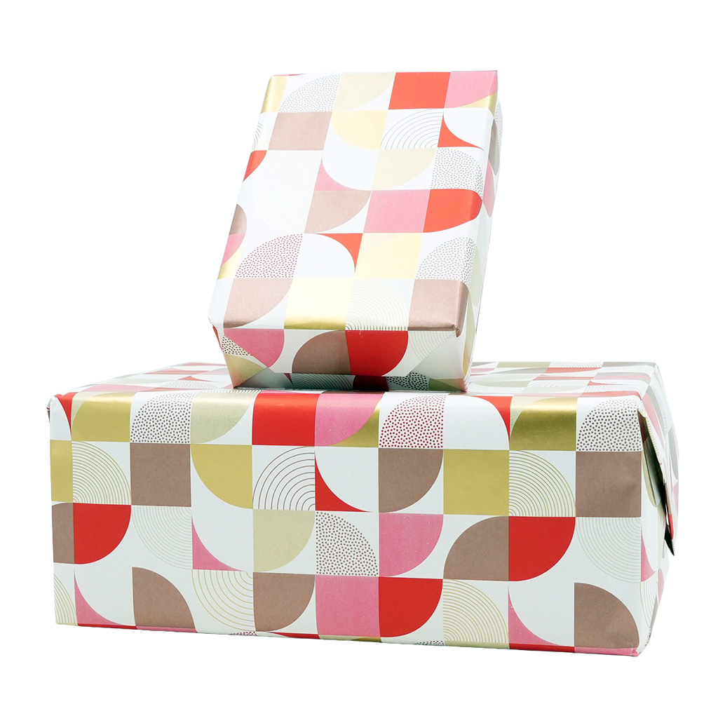 Papier cadeau patchwork seventies 70 cm x25 m 65g/m², brun / rouge / or / blanc - Papier cadeaux couchés à motifs-3