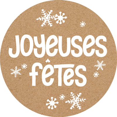 Étiquettes cadeaux adhésives rondes Joyeuses Fêtes flocons brun/blanc ø35 mm – Paquet de 500 - Étiquettes cadeaux adhésives