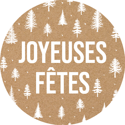Étiquettes cadeaux adhésives rondes Joyeuses Fêtes sapins brun/blanc ø35 mm – Paquet de 500 - Étiquettes cadeaux adhésives