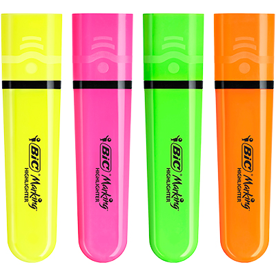 Surligneur BIC Highlighter Flat Néon Fluo pointe biseautée – Pack de 4 couleurs - Surligneurs
