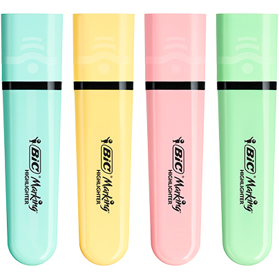 Surligneur BIC Highlighter Flat Pastel Fluo pointe biseautée – Pack de 4 couleurs - Surligneurs