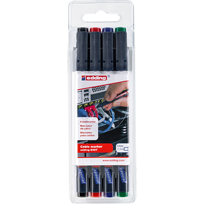 Set marqueurs de câble Edding E-8407 - 4 stylos noir / rouge / bleu / vert - pointe ronde fine 0,3mm - Marqueurs