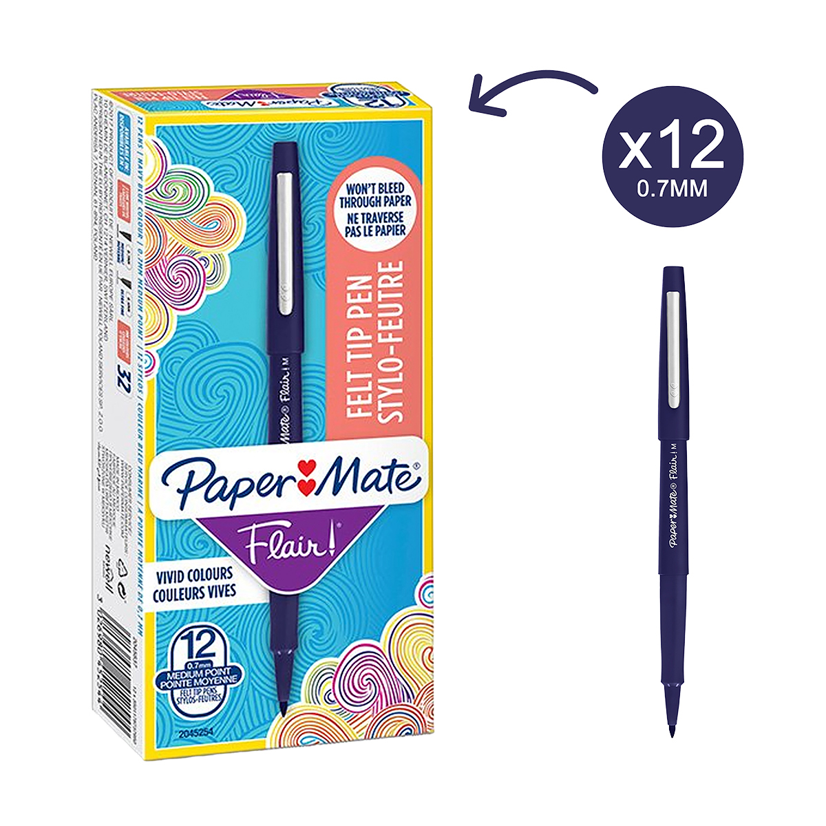 Stylo feutre Paper Mate Flair Bleu, feutre fin pointe moyenne 0,7mm - Pack de 12 - Stylos feutres-1