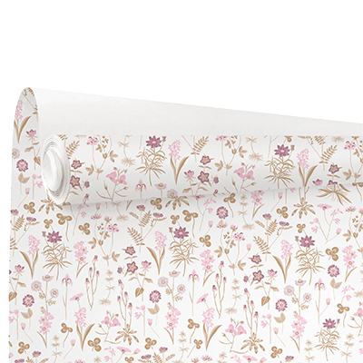 Papier cadeau kraft blanc vergé Ysée fleurs blanc/rose 70 cm x 50 m 60 g/m² – le rouleau - Papiers cadeaux kraft à motifs