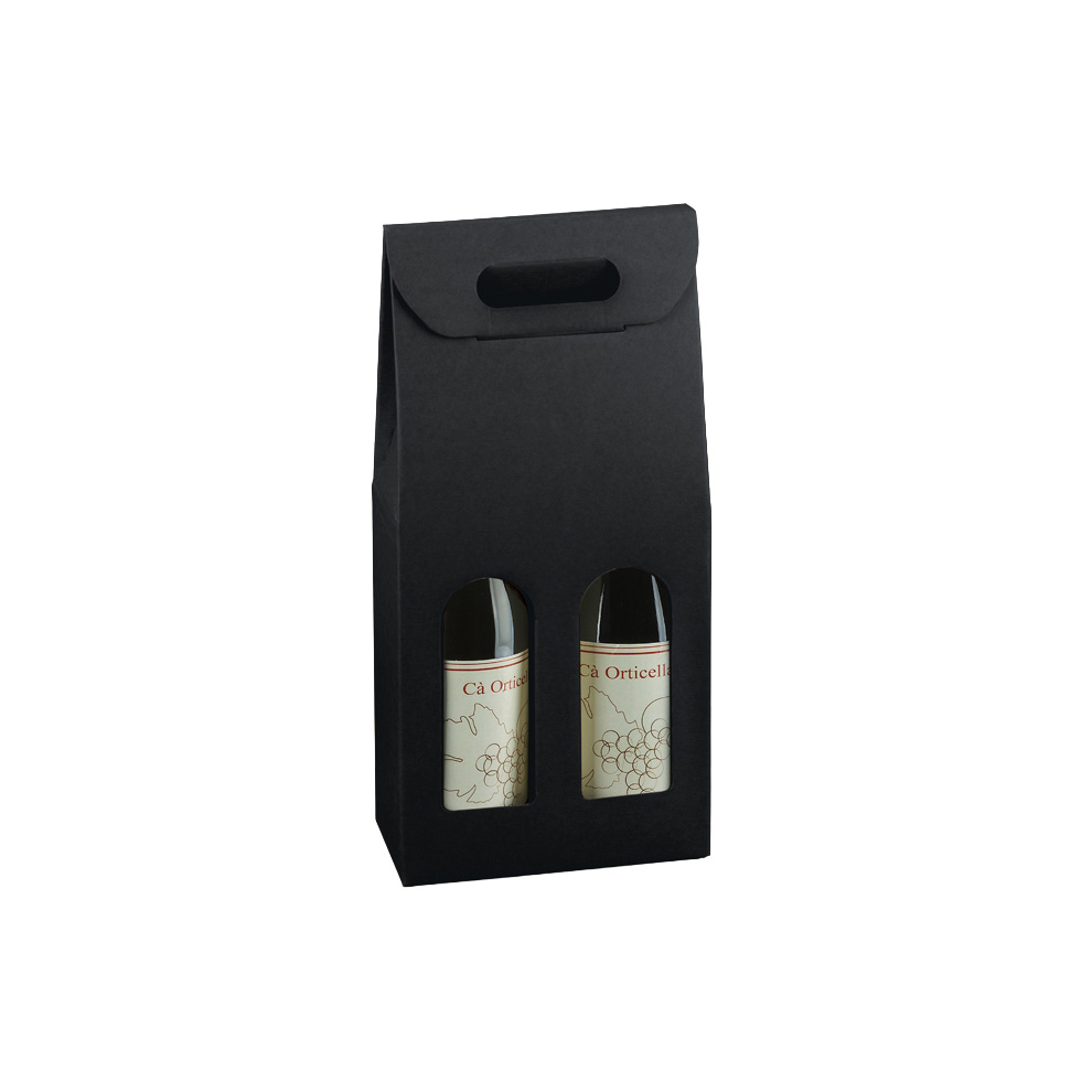 Boîtes pour 2 bouteilles de vin à fenêtre poignée kraft noir 18x9x38,5cm - Paquet de 30 - Coffrets pour bouteilles de vin, Boîtes pour bouteilles de vin