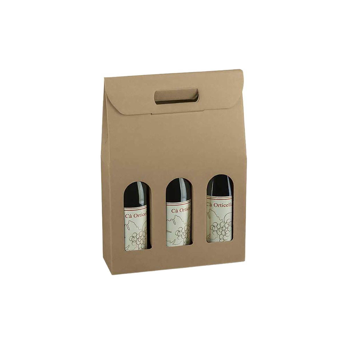 Boîtes pour 3 bouteilles de vin à fenêtre poignée kraft brun 27x9x38,5cm - Paquet de 30 - Coffrets pour bouteilles de vin, Boîtes pour bouteilles de vin