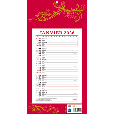Calendrier bloc mensuel 2026 rouge 19x36 cm - recyclable, origine France garantie - Calendriers professionnels