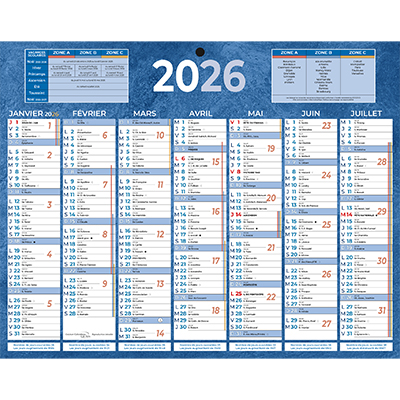 Calendrier mural annuel 2026 7 mois recto verso - 21 x 26,5 cm - bleu - recyclé - recyclable - congés scolaires, fêtes, lunaisons - Origine France Garantie - Calendriers professionnels