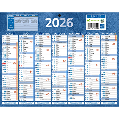 Calendrier mural annuel 2026 7 mois recto verso - 21 x 26,5 cm - bleu - recyclé - recyclable - congés scolaires, fêtes, lunaisons - Origine France Garantie - Calendriers professionnels-1