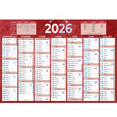 Calendrier mural annuel 2026 7 mois recto verso - 38,5 x 54 cm - rouge - recyclé - recyclable - congés scolaires, fêtes, lunaisons - Origine France Garantie - Calendriers professionnels